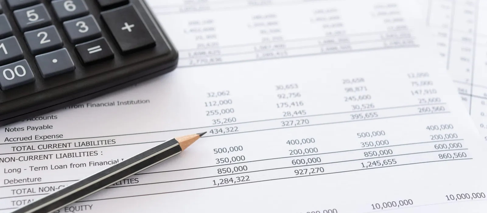 Accounting spreadsheets with a pencil