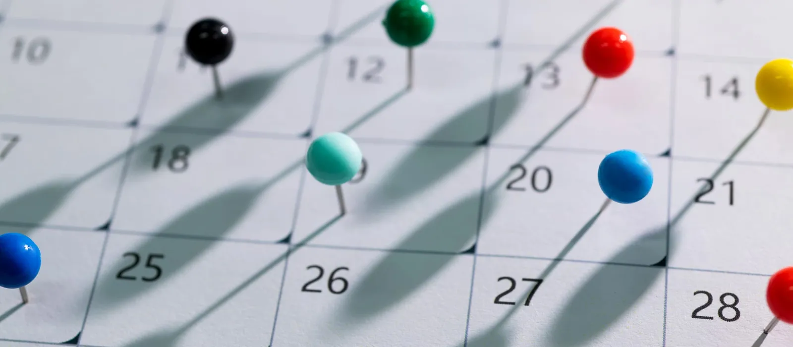 Push pins marking dates on a wall calendar