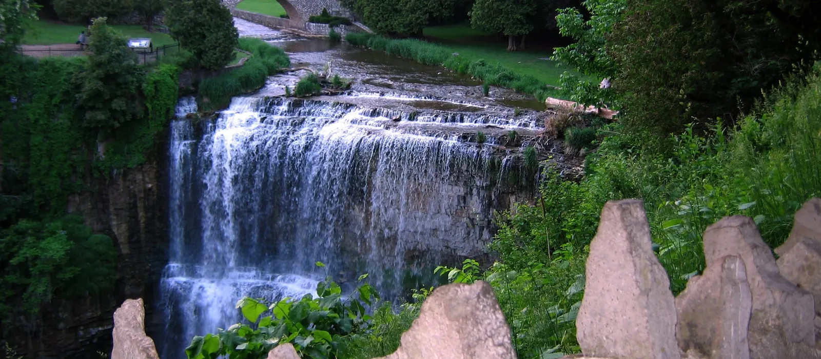 Creek and waterfall in a wooded gorge