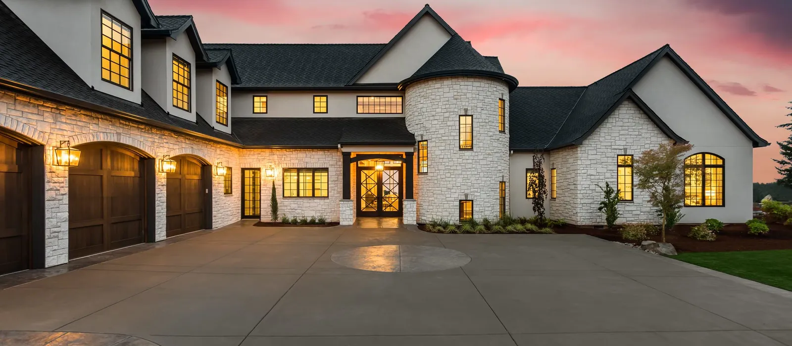 Luxury home exterior at sunset