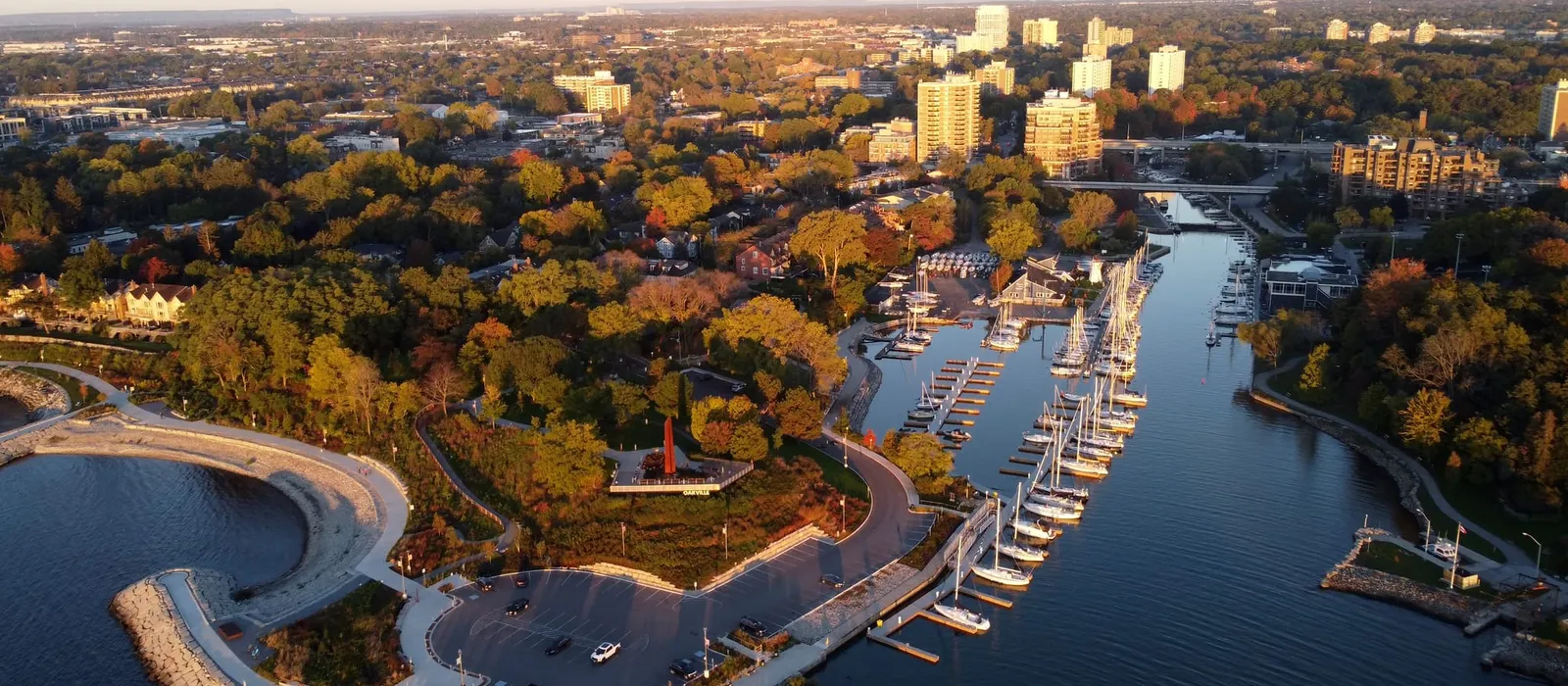 Aerial view of boats moored in a harbour marina