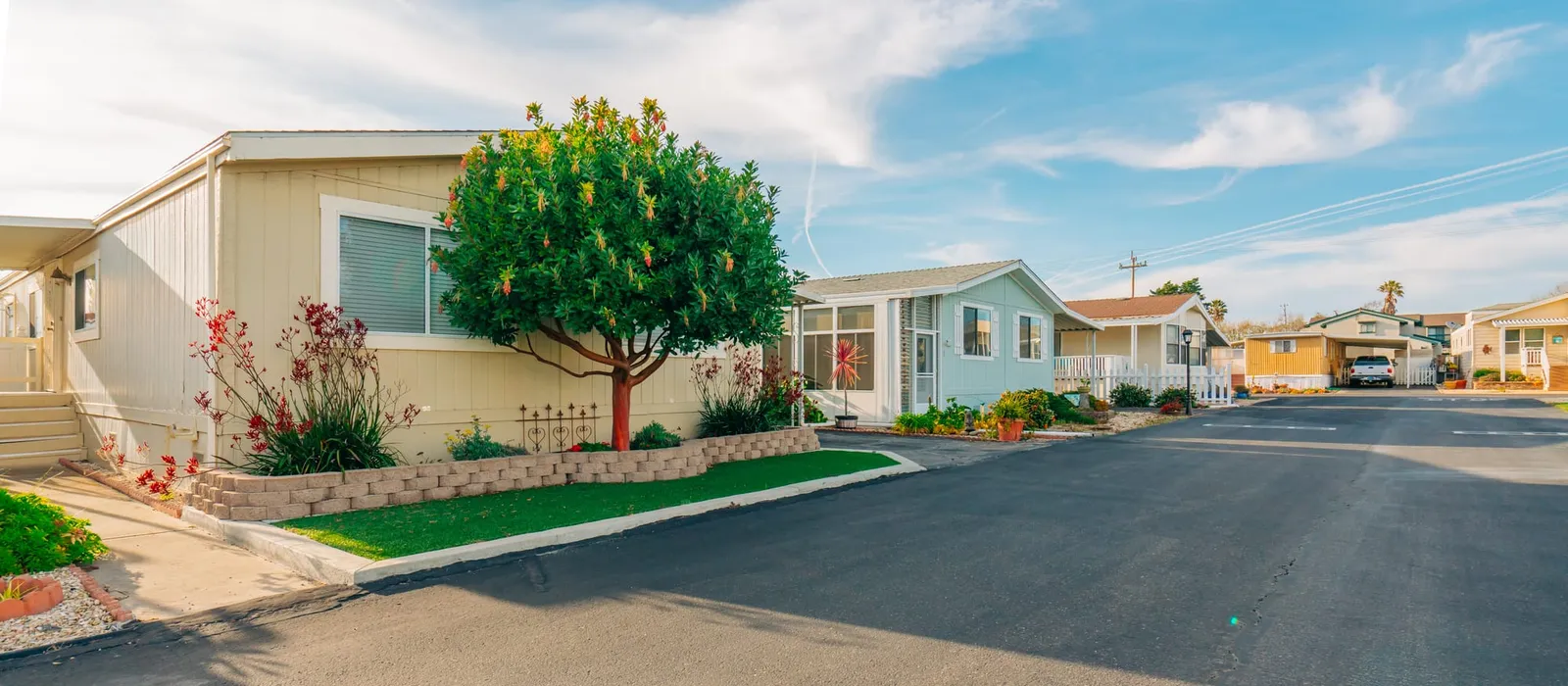 Street of homes in a mobile home park