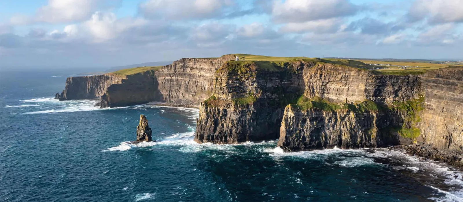 Sea cliffs and a sea stack seen from above