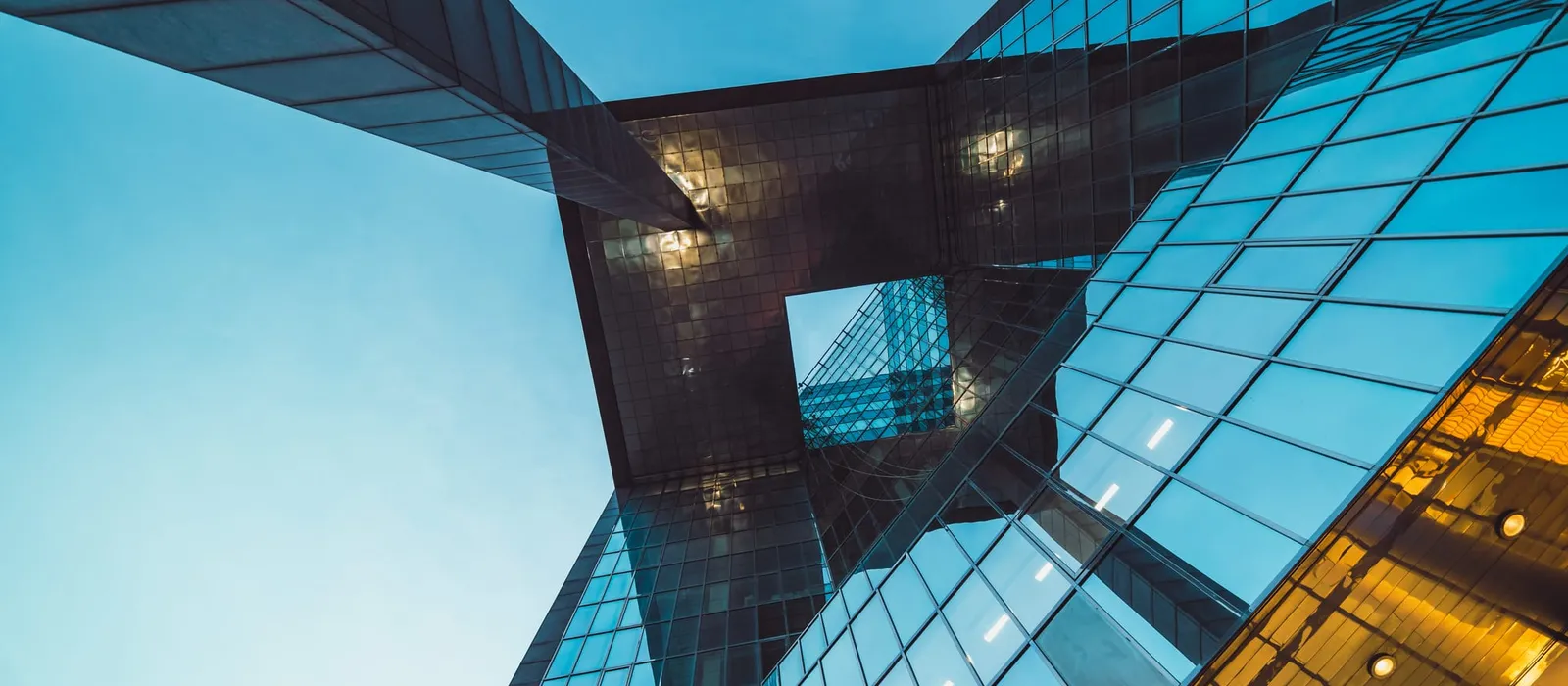 Angular glass facade of a modern office building