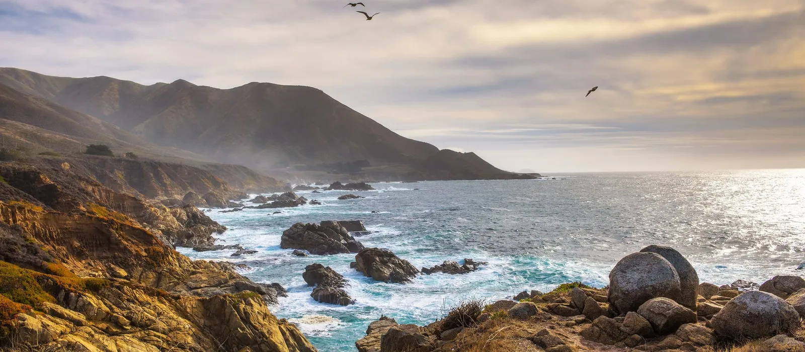 Pacific coastline with surf breaking below headlands