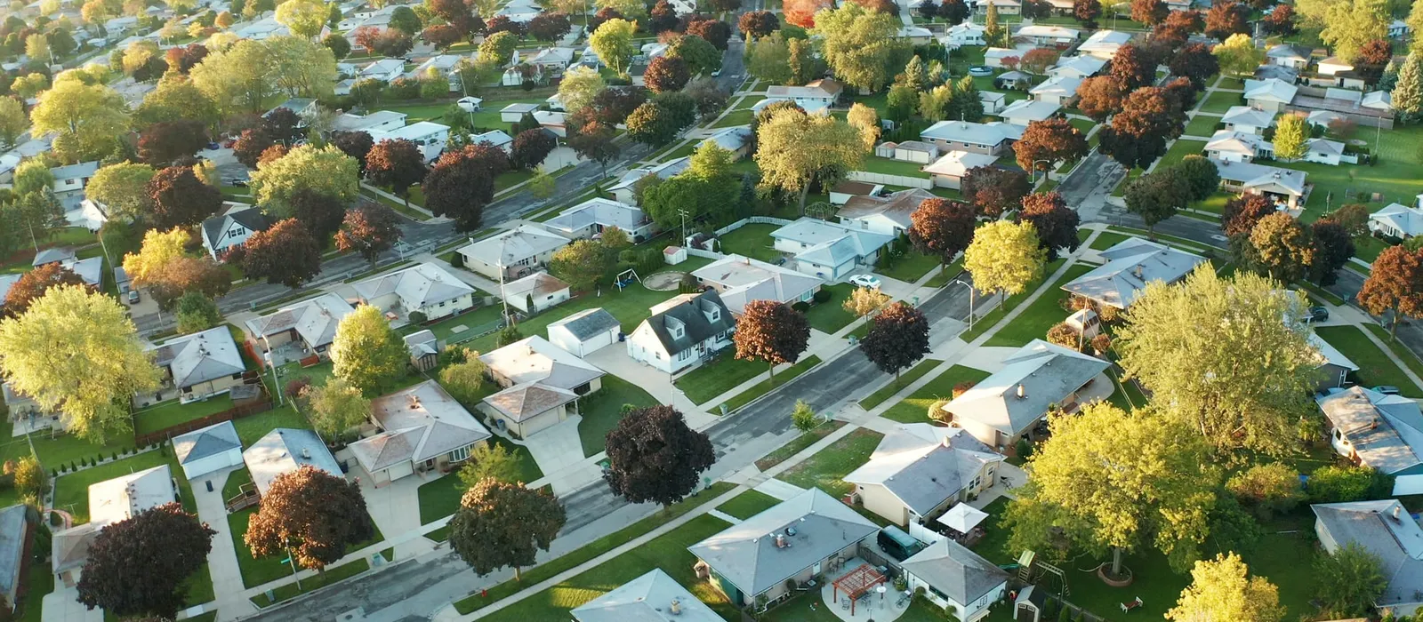 Aerial view of a suburban neighbourhood in autumn