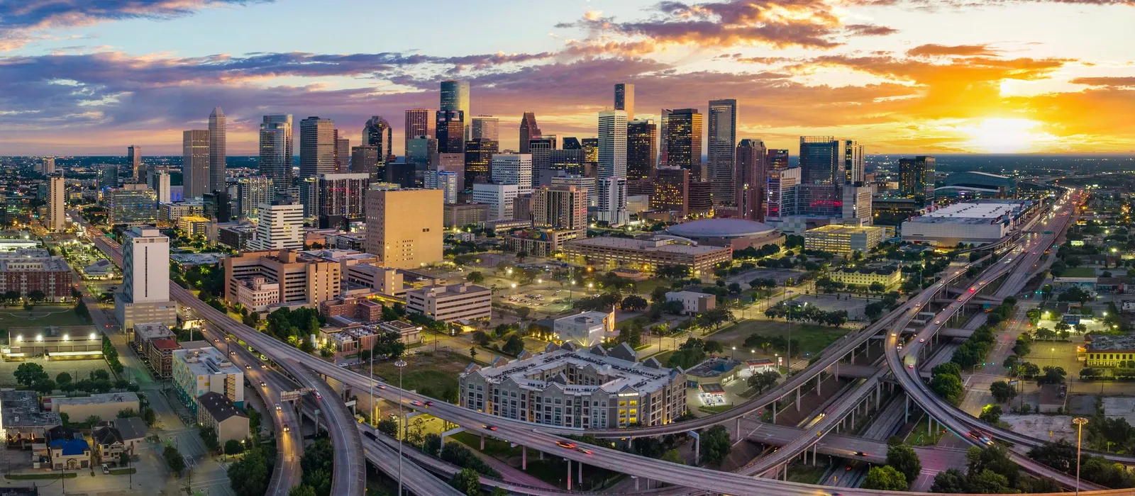 Aerial drone view of the Houston, Texas skyline