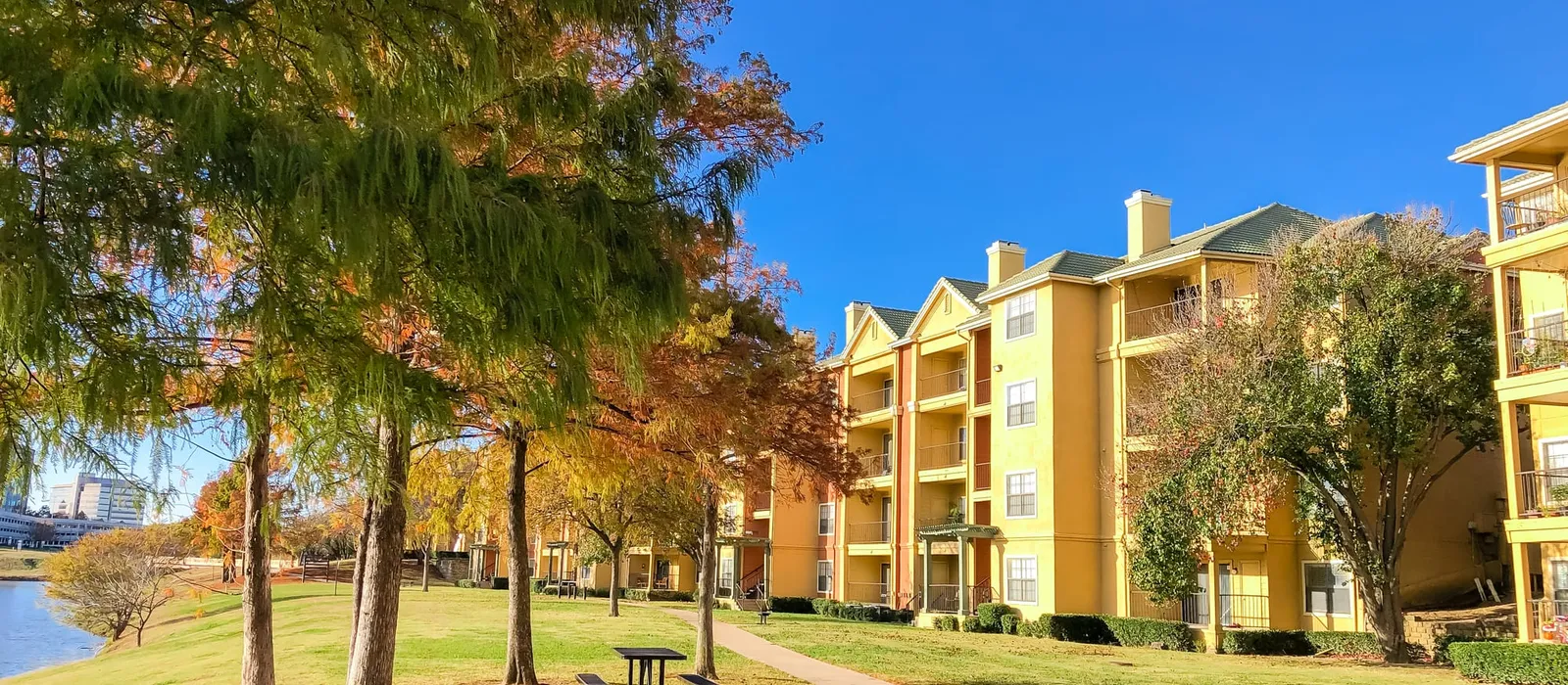 Waterfront apartment buildings beside office blocks